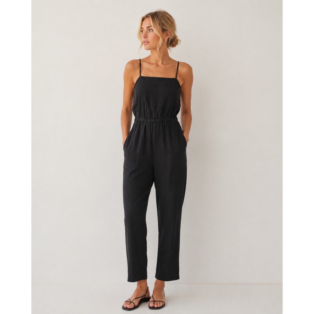 NWT Everlane 100% Linen The Shoestring Apron Jumpsuit Black XXS Sustainable